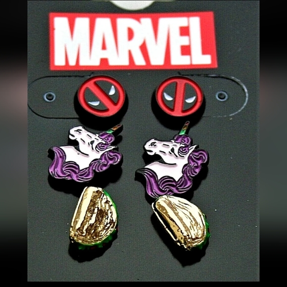 3 Pair Marvel Comics Deadpool Unicorn Taco Stud Earring Set New MOC 2018 - Picture 1 of 3